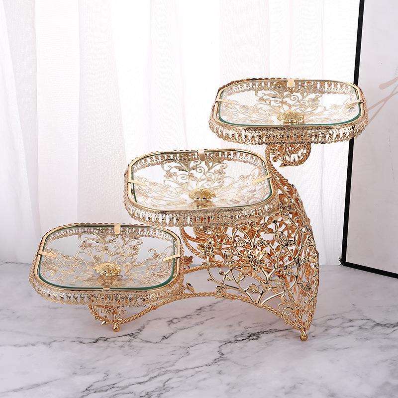 欧美时尚轻奢方形水果盘钢化玻璃多层水果盘酒店家居通用果盘摆饰