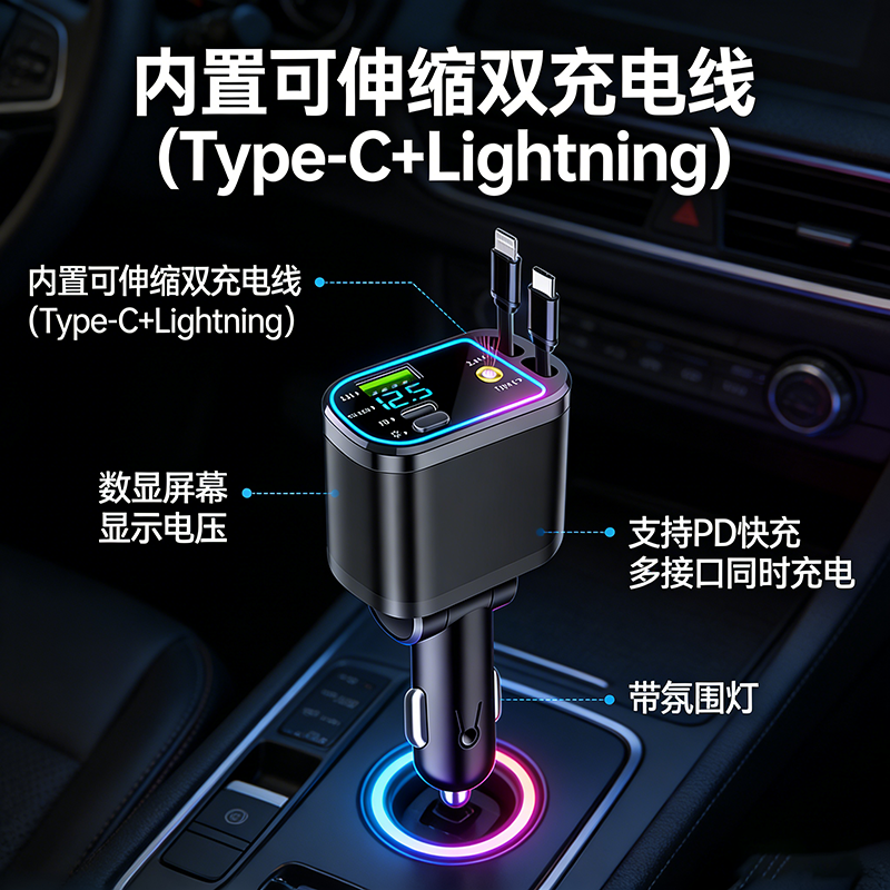 一拖五车载120W快充充电器自带伸缩线支持苹果华为小米手机快充线