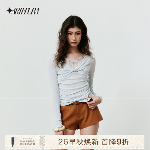 ARTEPURA灰蓝拼接蕾丝扭结上衣