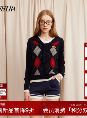 ARTE PURA25秋冬胶囊新款学院风简约披肩假两件菱形格针织毛衣女