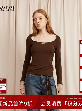 ARTE PURA25秋冬胶囊新款方领logo纹拼接打底衫女修身显瘦长袖T恤