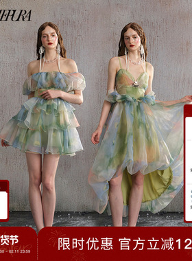 ARTE PURA绿色花苞抹胸裙一字肩短裙连衣裙女礼服约会仙女裙