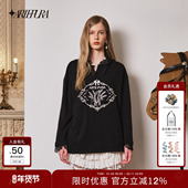 黑色蕾丝花边帽长袖 ARTE PURA25秋冬新款 T恤女宽松加绒百搭上衣服