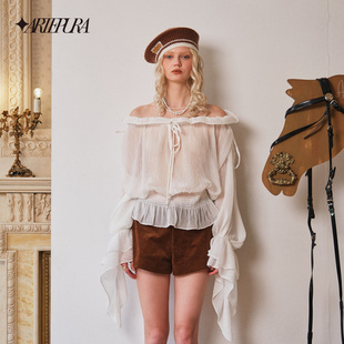 衬衫 ARTE 白色微皱肌理雪纺一字肩波浪袖 PURA2025秋季 女 新品