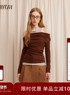 ARTE PURA25秋冬胶囊新款撞色假两件露肩打底衫女修身显瘦上衣服