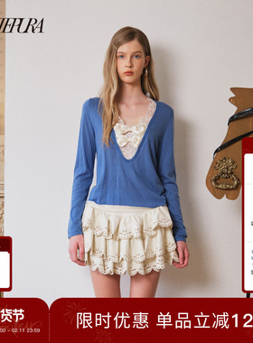 ARTE PURA2025秋冬新款蕾丝花边拼色蝴蝶结装饰针织衫女上衣套装