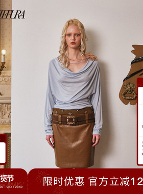 ARTE PURA2025秋冬新款立体花朵荡领褶皱上衣时尚修身T恤打底衫