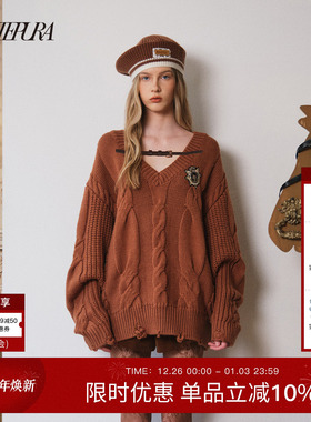 ARTE PURA2025秋冬新款皮带装饰绞花套头毛衣美拉德慵懒感上衣女