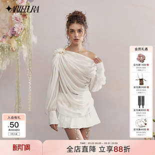 PURA春秋白色雪纺荡褶落肩上衣气质长袖 ARTE 衬衫 包上恩同款
