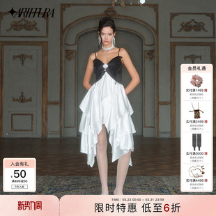 ARTE PURA黑白蝴蝶蕾丝吊带裙拼接撞色气质不规则裙子礼服