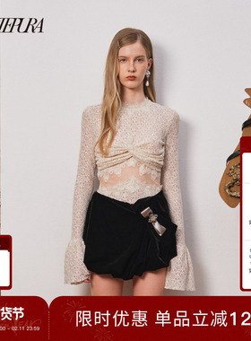 【黄英同款】ARTE PURA25秋冬新款蕾丝镂空假两件打底丝绒南瓜裙