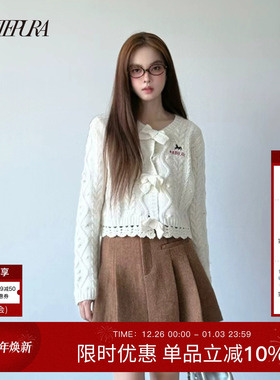 ARTE PURA2025秋冬新款羊毛蝴蝶结绞花毛衣开衫外套女韩系针织衫