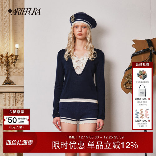 蕾丝花边拼色蝴蝶结装饰针织衫