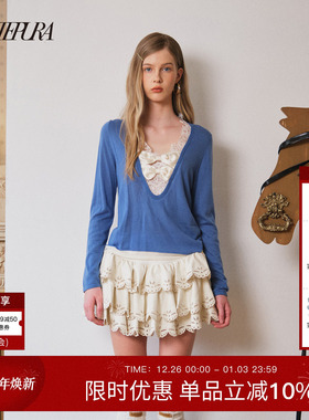 ARTE PURA2025秋冬新款蕾丝花边拼色蝴蝶结装饰针织衫女上衣套装