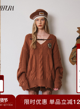 ARTE PURA2025秋冬新款皮带装饰绞花套头毛衣美拉德慵懒感上衣女