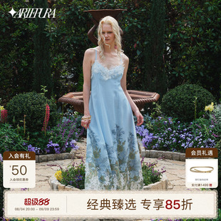 【李兰迪同款】ARTE PURA浅蓝色印花蕾丝花边连衣裙女吊带裙长裙