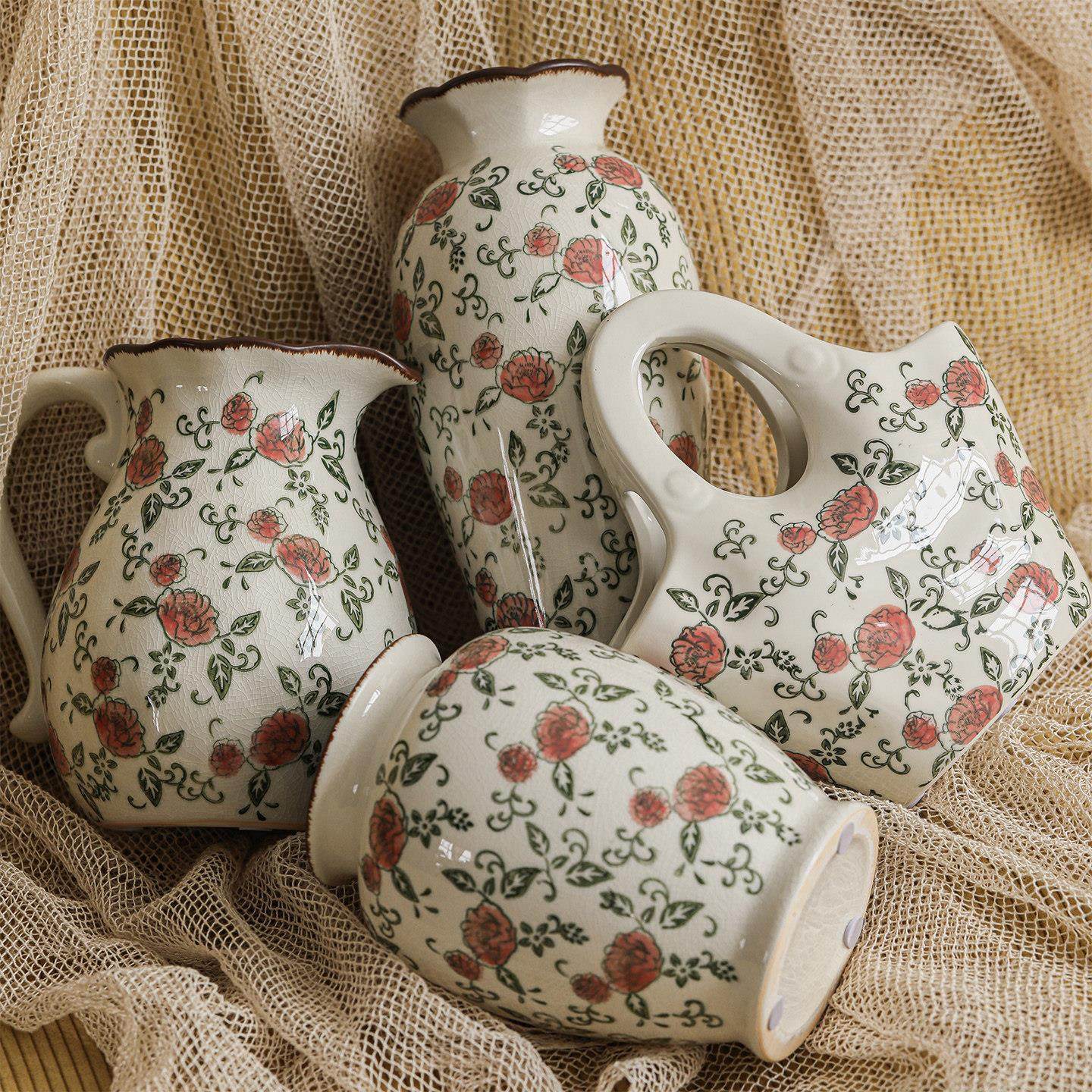 丹青栖藤花瓶奶壶覆古插花花器冰裂纹青花瓷客厅餐桌高级感摆件