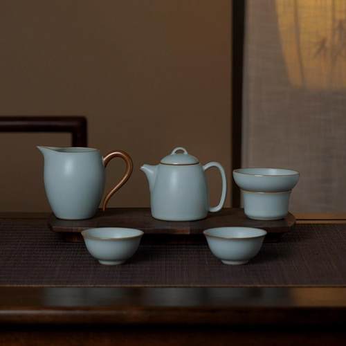 汝窑秦权望月茶壶套装家用功夫茶具仿古汝瓷景德镇手工陶瓷礼盒装
