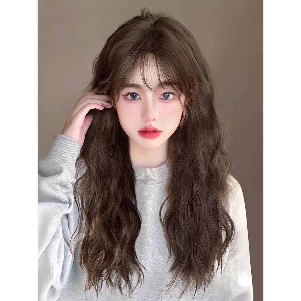 纤维美容羊毛卷发假发女子长发冷棕色懒水涟漪香港风格蛋卷头自然