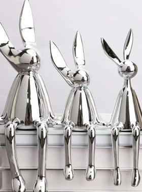 轻奢电镀银金蓝色极简坐姿长耳兔摆件现代家居网红同款创意装饰品