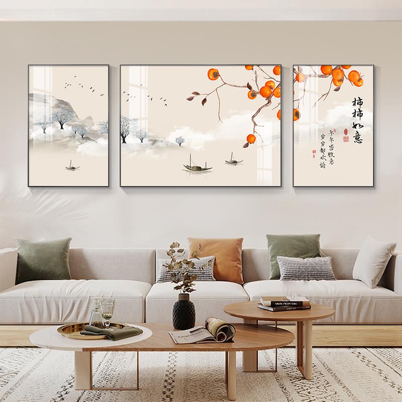 新中式客厅装饰画寓意好挂画高档山水三联画茶室壁画沙发背景墙画
