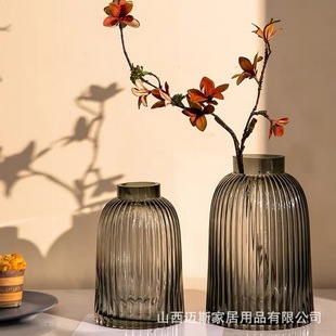简约复古竖条纹插花玻璃花瓶小口工艺品摆件插花花瓶客厅摆件 欧式
