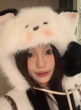 日系可爱腮红狐狸毛绒帽子女秋冬加厚保暖护耳雷锋帽骑行滑雪帽潮