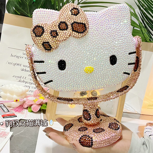 hellokitty豹纹贴钻镜子公主旋转台式KT化妆镜diy材料包手工礼物