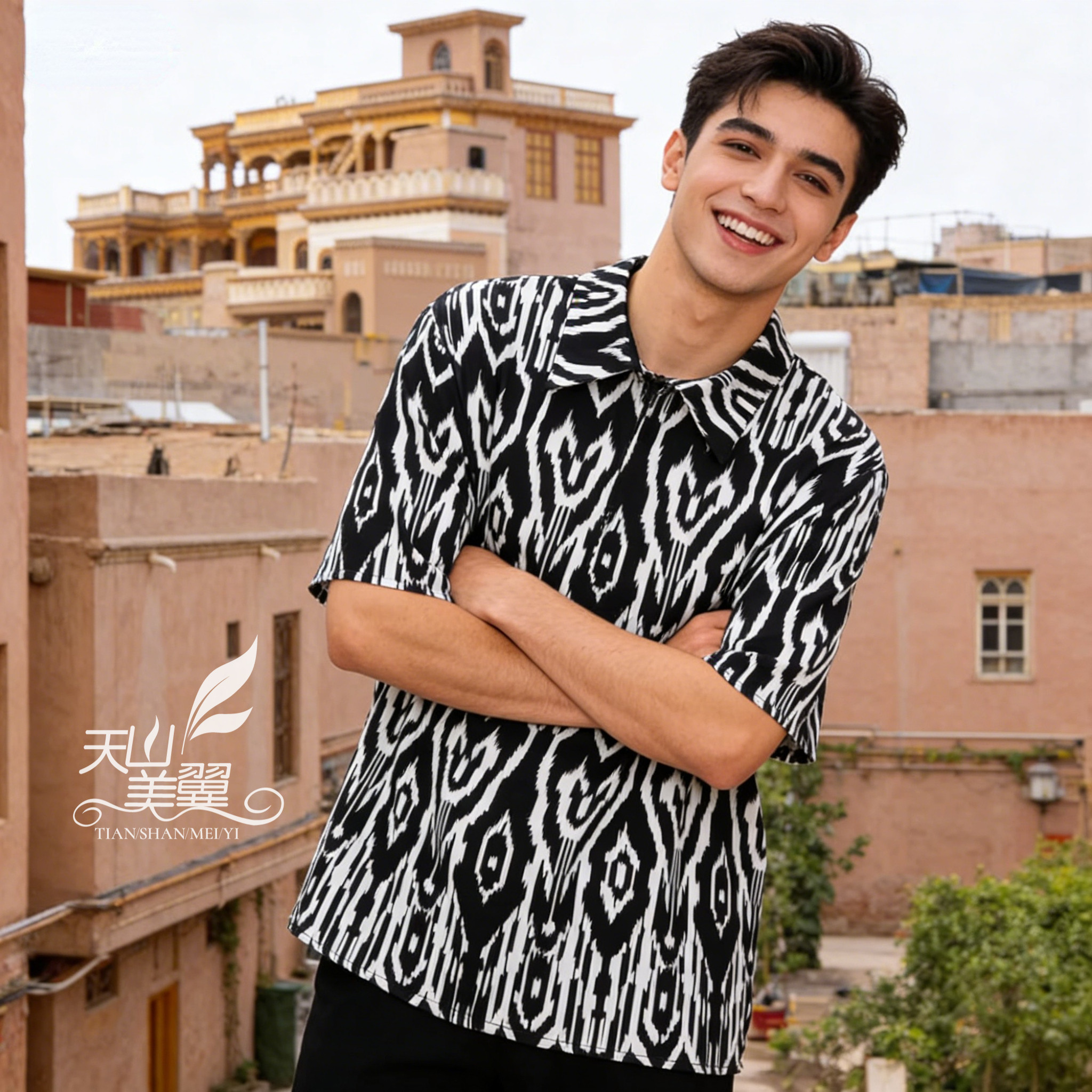 新疆民族服男款旅游度假休闲衬衣复古百搭翻领T恤维族服装夏季款