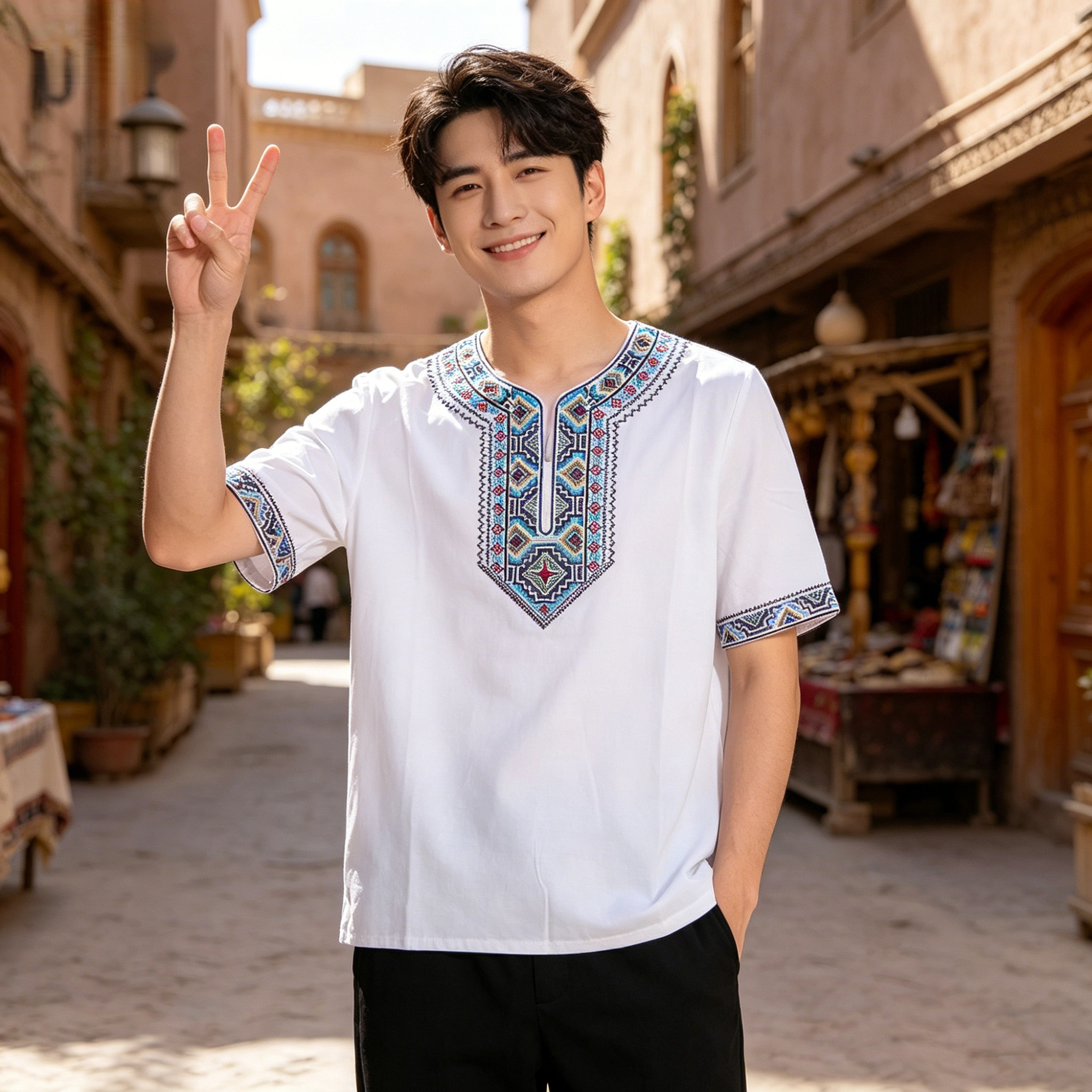 新疆民族风服装男宽松版T恤夏季透气款大码维族舞服