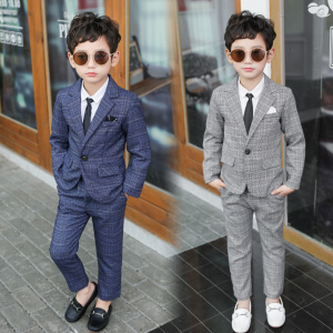 春秋韩版儿童西装套装格子英伦时尚男童小西服两件套新款花童礼服
