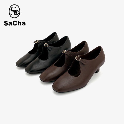 英国百年品牌SACHA玛丽珍单鞋复古方头粗跟显瘦百搭BT-YY26227-1