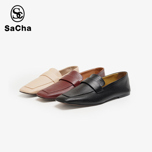 SACHA法式复古方头平底极简风舒适真皮一脚蹬乐福鞋BTBNW25-40