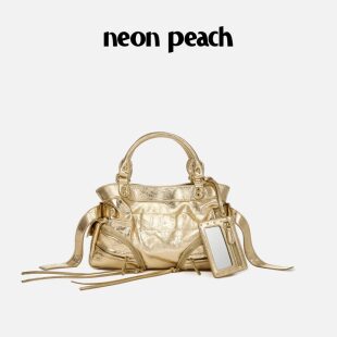 NEONPEACHOFFICE霓桃原创设计慵懒城市香槟金色油蜡机车包小号