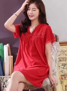 睡裙女夏季纯棉短袖薄款睡衣裙女士宽松加大码红色中年妈妈家居服