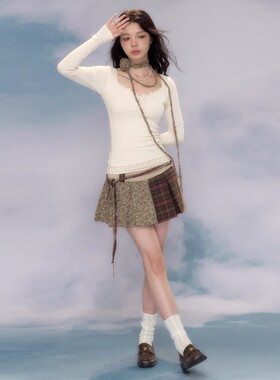 NECY走秀款假两件碎花打底长袖休闲百搭小众针织上衣半身裙套装女