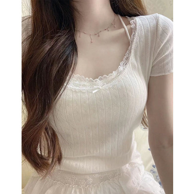 OOTDBM女装美式蕾丝花边zellytop紧身上衣bm蝴蝶结短袖纯棉T恤