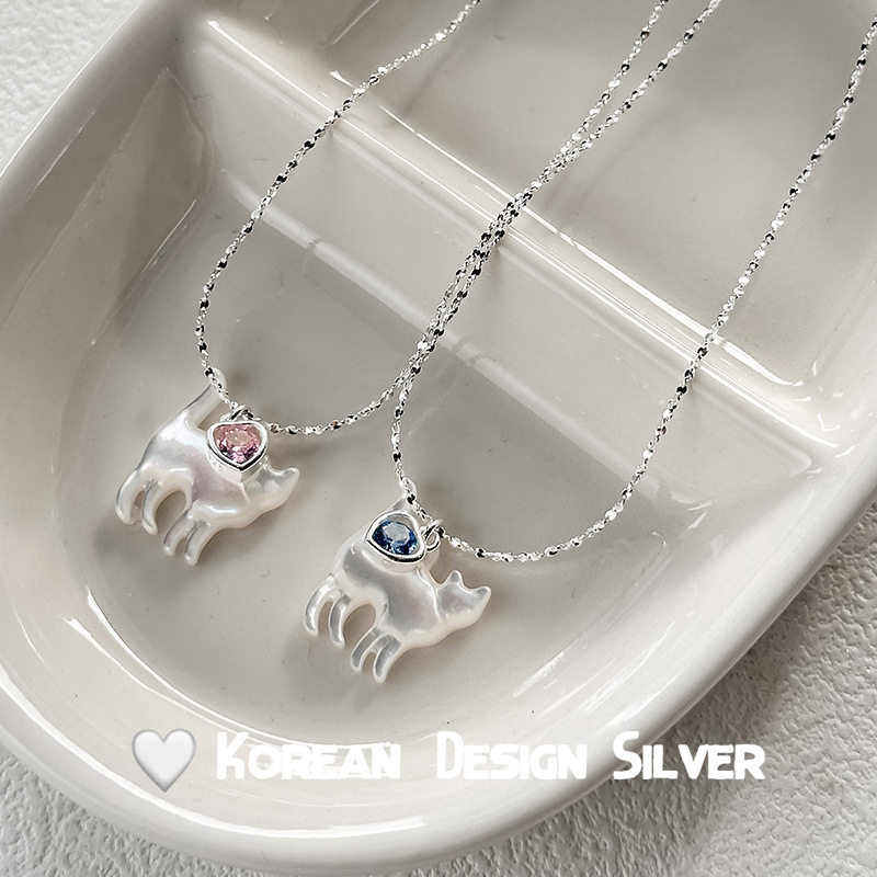 S925纯银白蝶贝猫咪猫咪爱心锆石