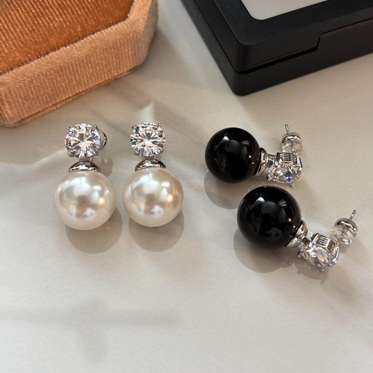 法式澳白真多麻灰色大珍珠镶钻耳钉女轻奢小众高级感高端耳环耳饰