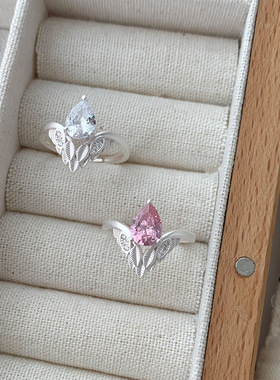 s925银羽毛戒指女款电镀银色水滴