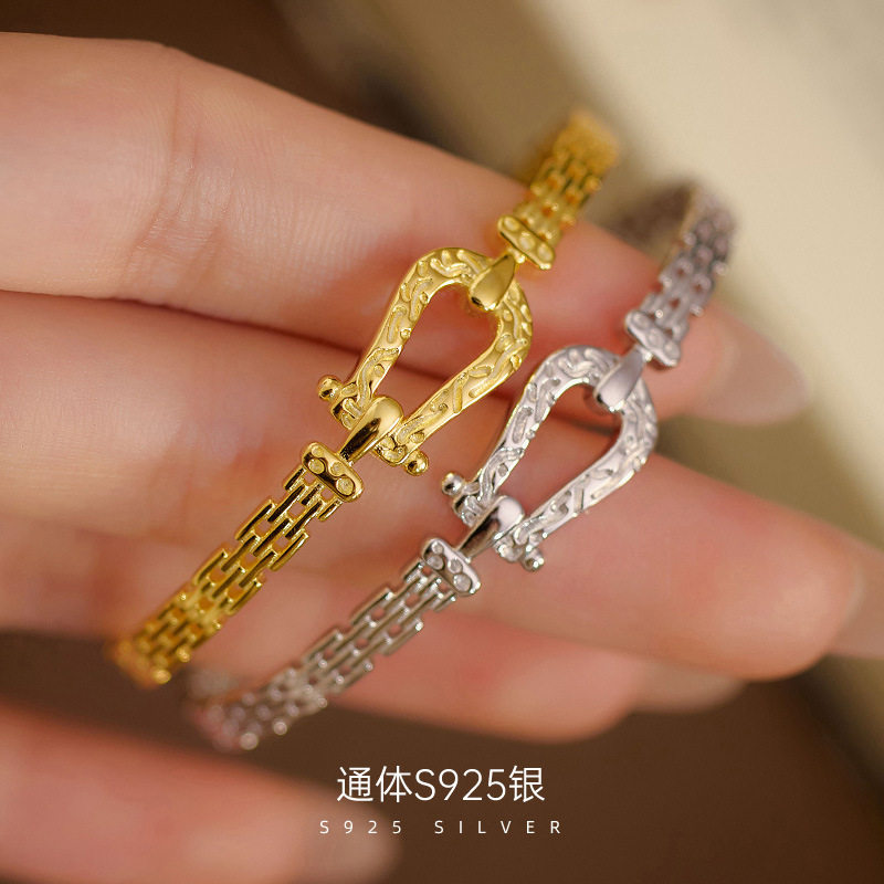 高级感S925银肌理感马蹄手镯女韩