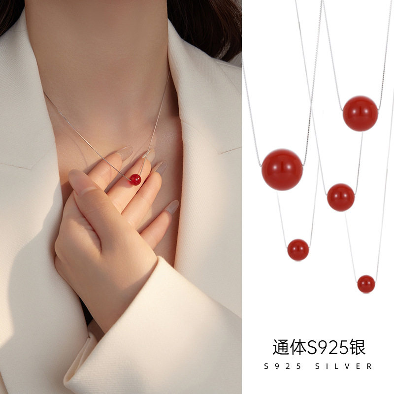 高级感S925银新中式单颗红玛瑙圆