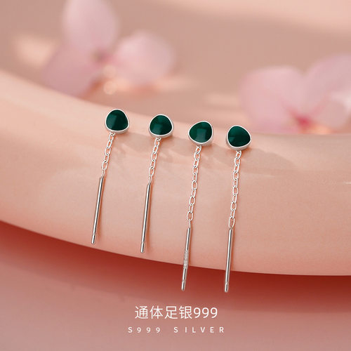 足银S999绿色豆豆耳线几何复古气