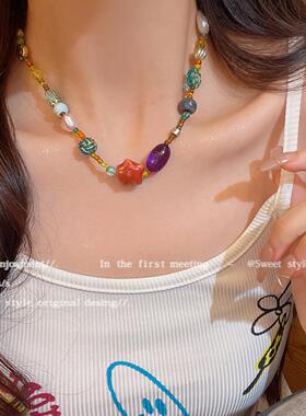 多巴胺甜美彩色陶瓷串珠项链女