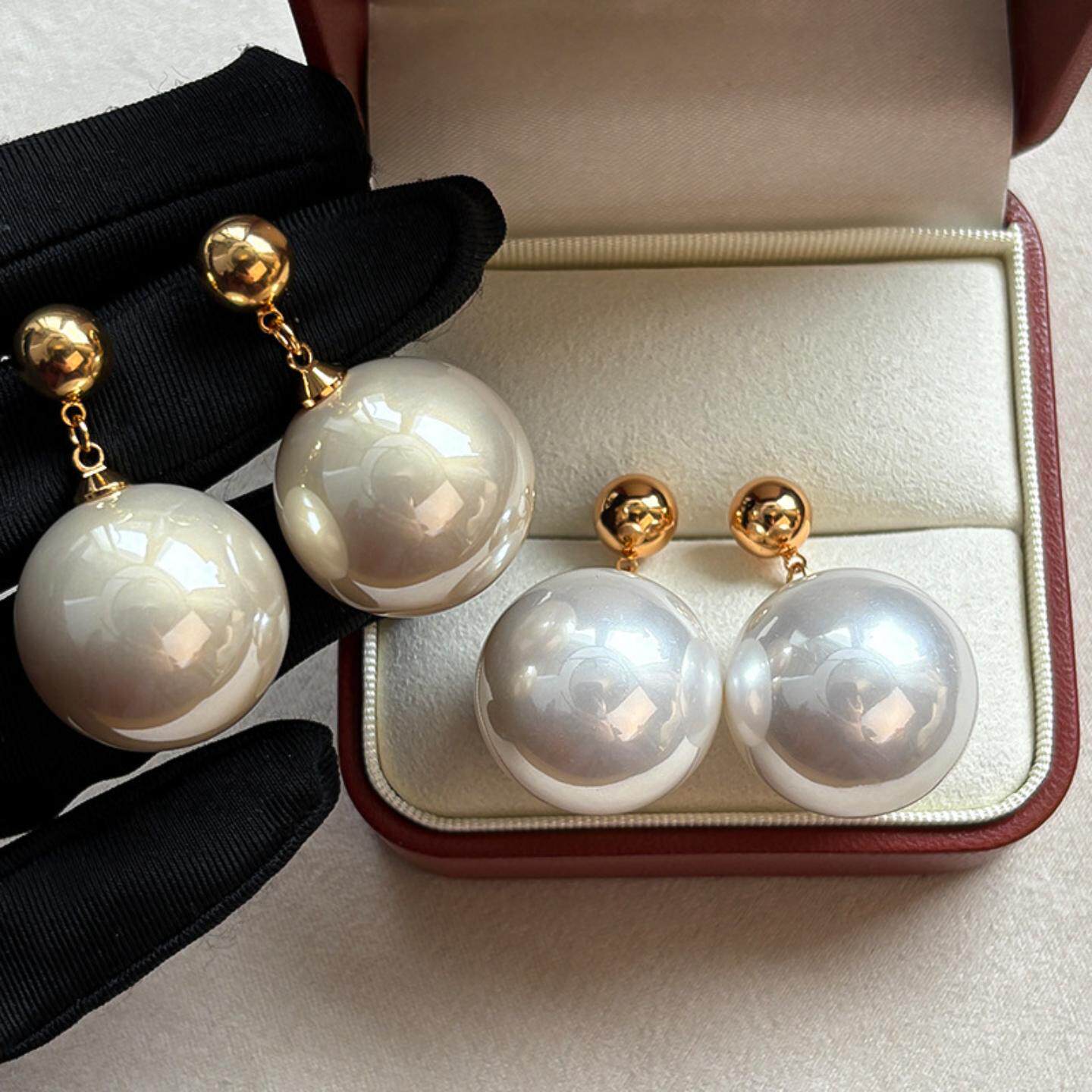 S925银针大珍珠吊坠耳环女复古港风气质金属耳钉真金电镀新款耳饰