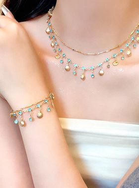 海女儿蓝色锆石金色贝壳项链女