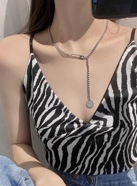 钛钢回形针圆牌项链女别针ins