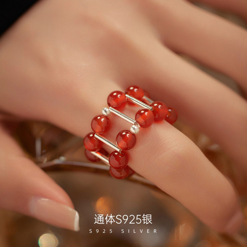 高级感S925银手工串珠红玛瑙戒指