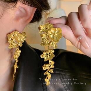 欧美夸张金色花朵流苏耳环女高级感轻奢大气耳钉新款气质耳饰