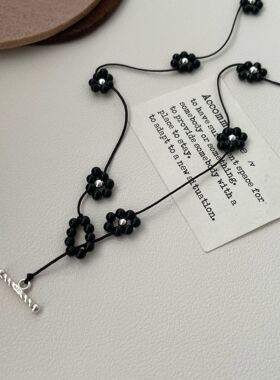 S925纯银玛瑙黑色编织花OT扣脖链